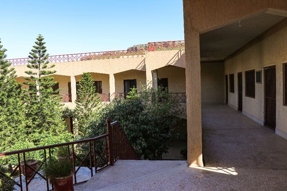 Hostel veranda overlooking a garden
